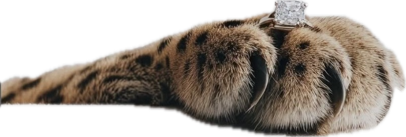 Cheetah paw with a diamond ring perched on top