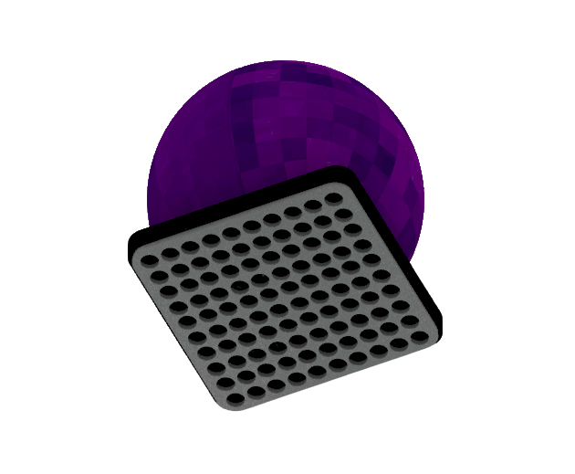 ORB — a purple spherical cleaning robot resting on its perforated charging dock