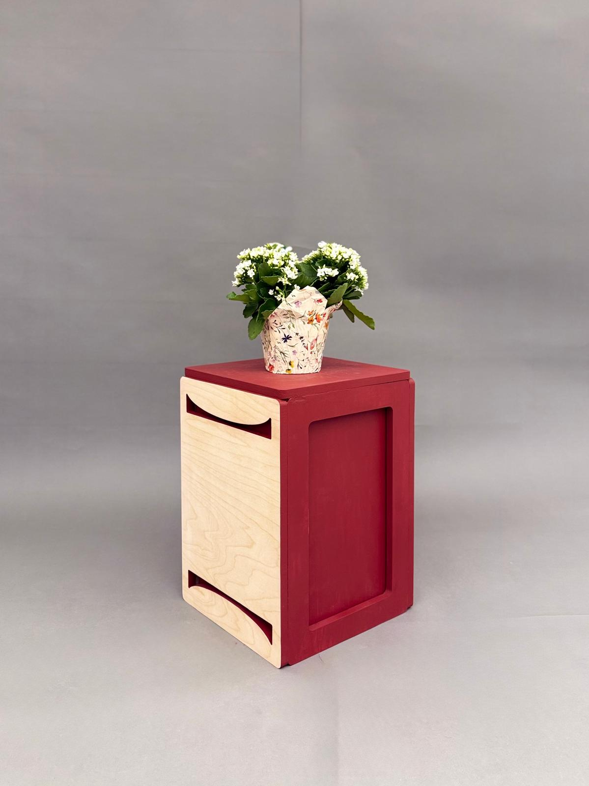 The Stooble storage cube stool in red and birch plywood, topped with flowers